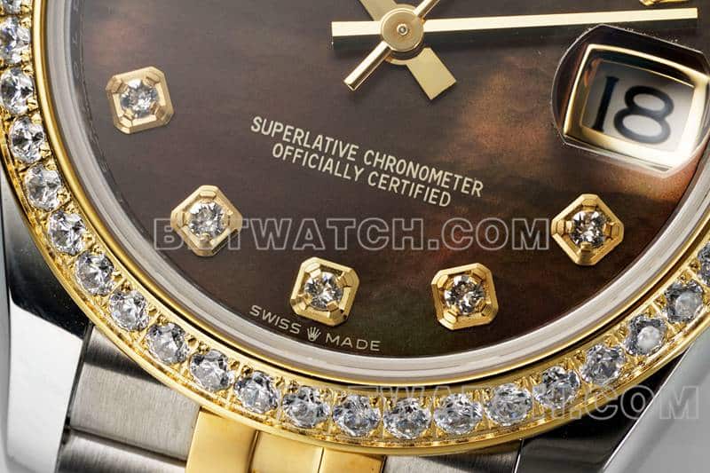 ARF厂劳力士日志顶级一比一高仿黑色贝母盘钻圈31mm间金五格链节278383正面实拍图