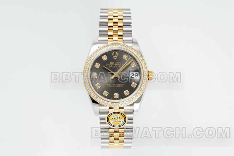 ARF厂劳力士日志一比一超A高仿深灰盘钻圈31mm间金五格链节278383正面实拍图