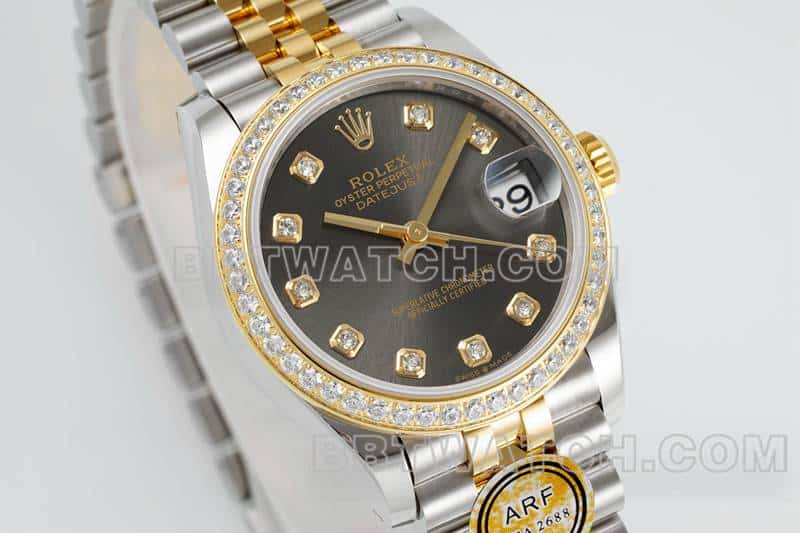 ARF厂劳力士日志一比一超A高仿深灰盘钻圈31mm间金五格链节278383正面实拍图