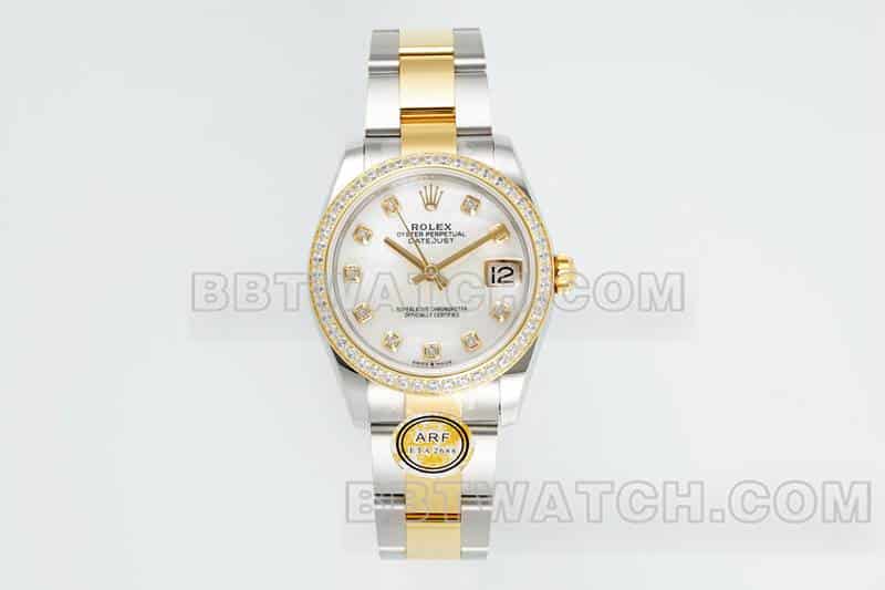 ARF厂劳力士日志一比一超A精仿贝母盘钻圈31mm间金三格链节278383正面实拍图