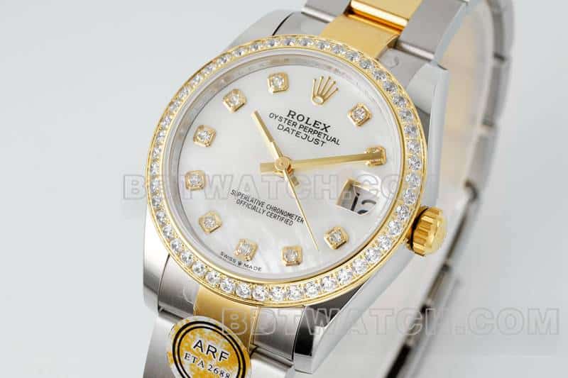 ARF厂劳力士日志一比一超A精仿贝母盘钻圈31mm间金三格链节278383正面实拍图