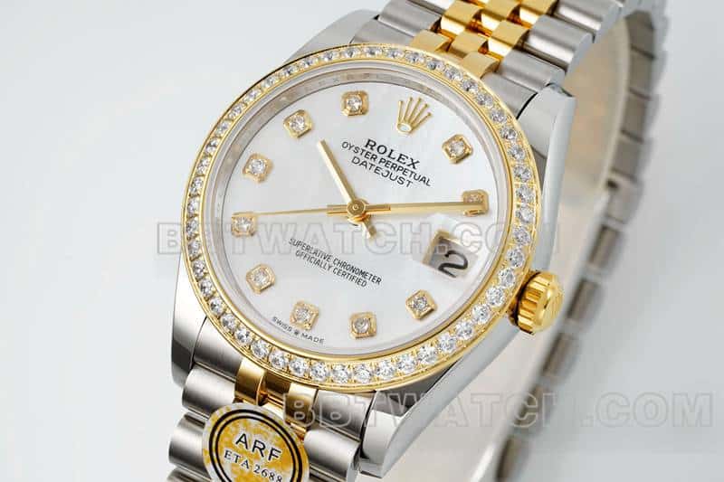 ARF厂劳力士日志超A高仿贝母盘钻圈31mm间金五格链节278383正面实拍图