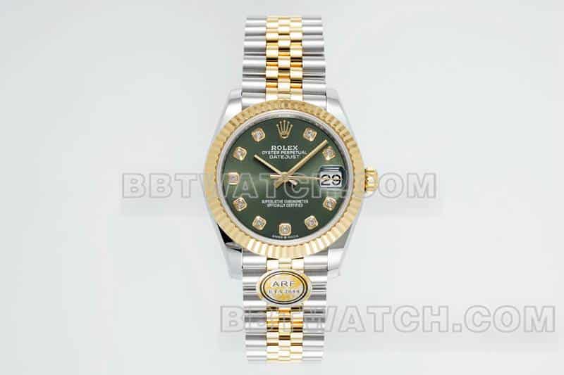 ARF厂劳力士日志顶级一比一精仿绿盘31mm间金五格链节278273正面实拍图
