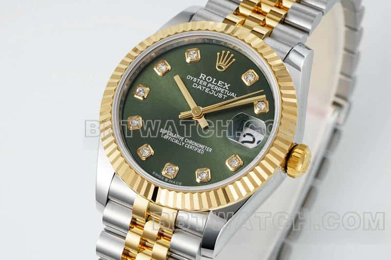 ARF厂劳力士日志顶级一比一精仿绿盘31mm间金五格链节278273正面实拍图