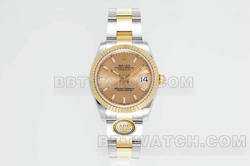 ARF厂劳力士日志顶级一比一高仿金盘31mm间金三格链节278273正面实拍图