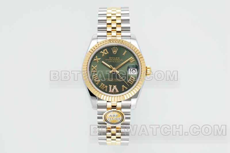 ARF厂劳力士日志一比一超A高仿绿盘31mm间金五格链节278273正面实拍图