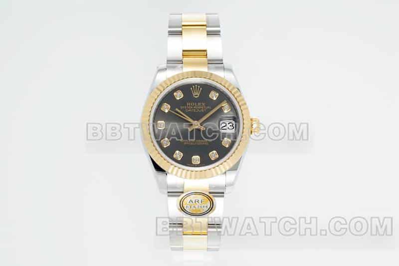 ARF厂劳力士日志一比一超A精仿黑盘31mm间金三格链节278273正面实拍图正面实拍图