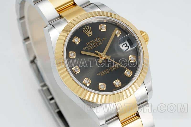 ARF厂劳力士日志一比一超A精仿黑盘31mm间金三格链节278273正面实拍图正面实拍图