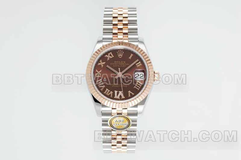 ARF厂劳力士日志一比一超A高仿棕盘31mm间金五格链节278271正面实拍图