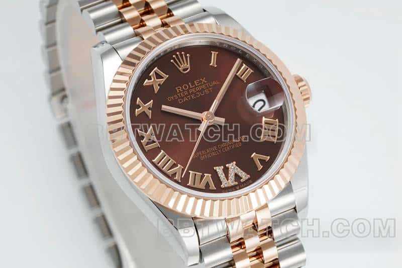 ARF厂劳力士日志一比一超A高仿棕盘31mm间金五格链节278271正面实拍图
