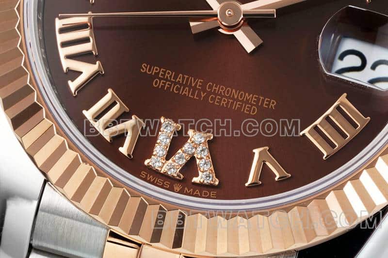 ARF厂劳力士日志一比一超A高仿棕盘31mm间金五格链节278271正面实拍图