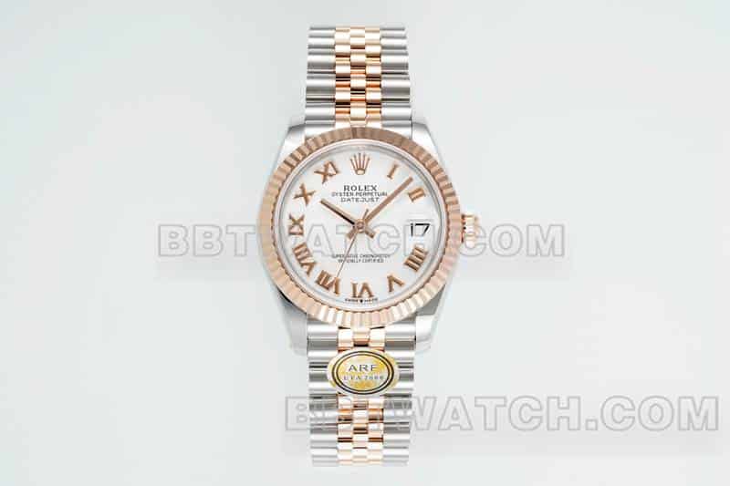 ARF厂劳力士日志一比一超A精仿白盘31mm间金五格链节278271正面实拍图