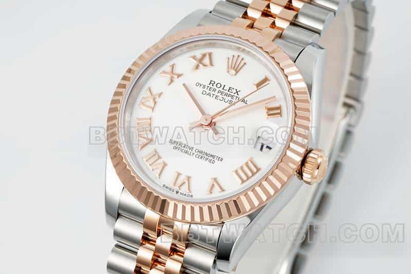 ARF厂劳力士日志一比一超A精仿白盘31mm间金五格链节278271正面实拍图