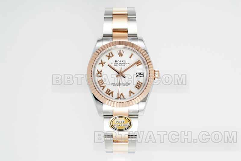 ARF厂劳力士日志超A高仿白盘31mm间金三格链节278271正面实拍图