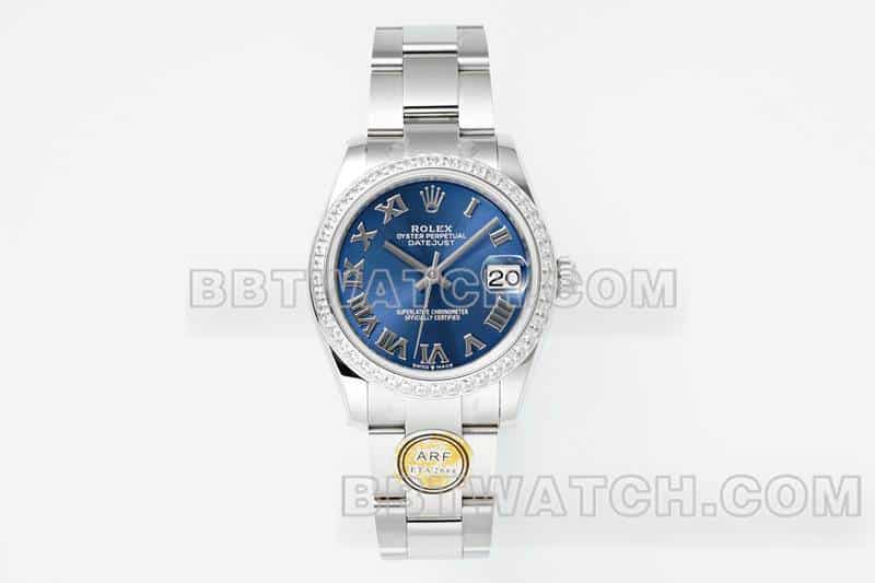 ARF厂劳力士日志顶级复刻蓝盘钻圈罗马数字31mm三格链节278384正面实拍图
