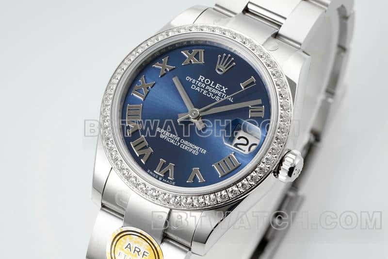 ARF厂劳力士日志顶级复刻蓝盘钻圈罗马数字31mm三格链节278384正面实拍图