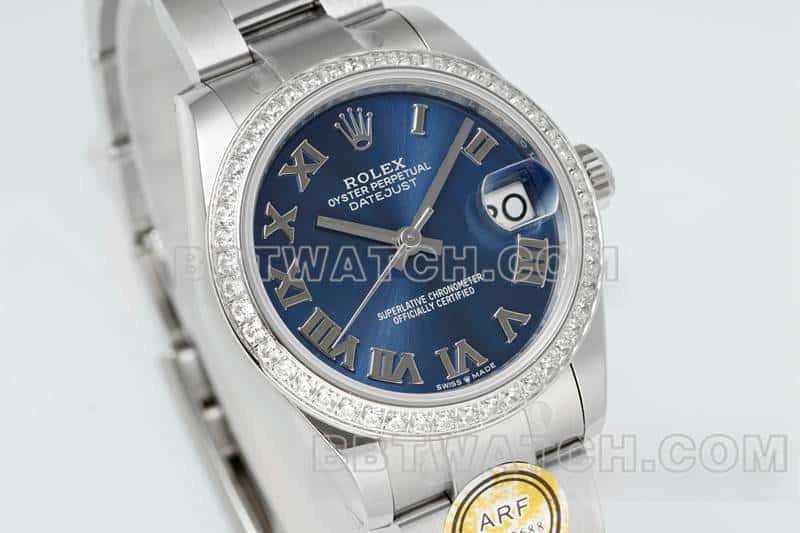 ARF厂劳力士日志顶级复刻蓝盘钻圈罗马数字31mm三格链节278384正面实拍图