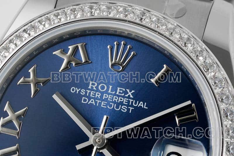 ARF厂劳力士日志顶级复刻蓝盘钻圈罗马数字31mm三格链节278384正面实拍图