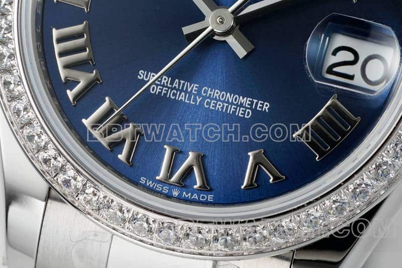 ARF厂劳力士日志顶级复刻蓝盘钻圈罗马数字31mm三格链节278384正面实拍图