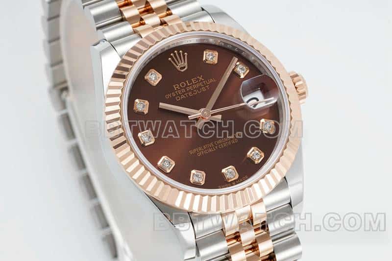 ARF厂劳力士日志一比一顶级复刻棕盘31mm间金五格链节278271正面实拍图