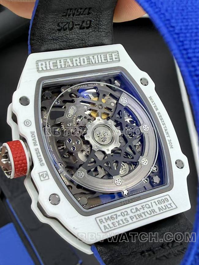 最优复刻手表UMI厂理查德米勒镂空盘白壳机械RM67-02背面实拍图