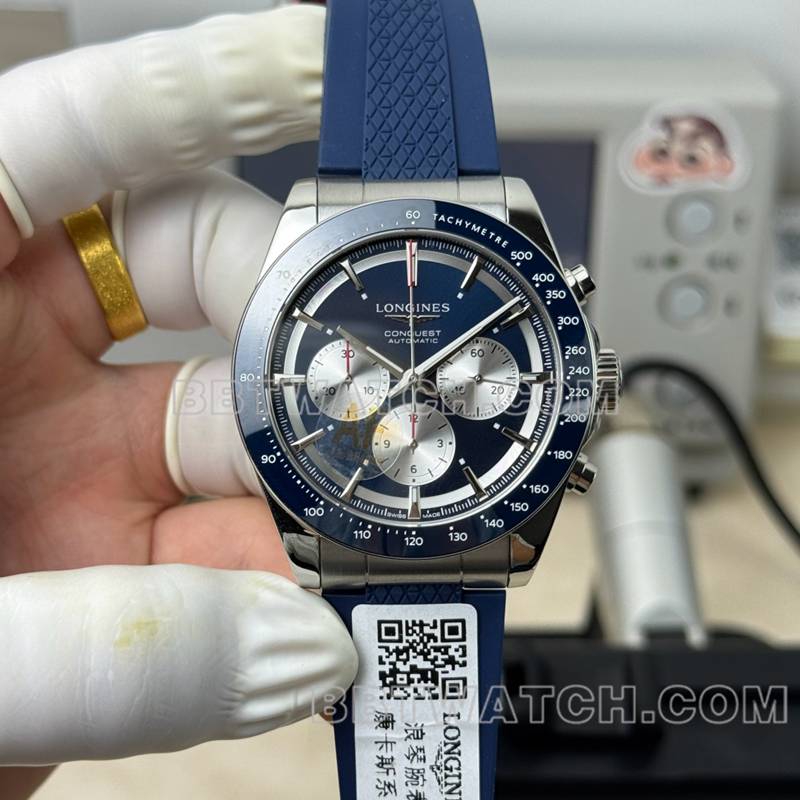 浪琴顶级复刻表AF厂康卡斯蓝盘7750机芯42mm橡胶款正面实拍图