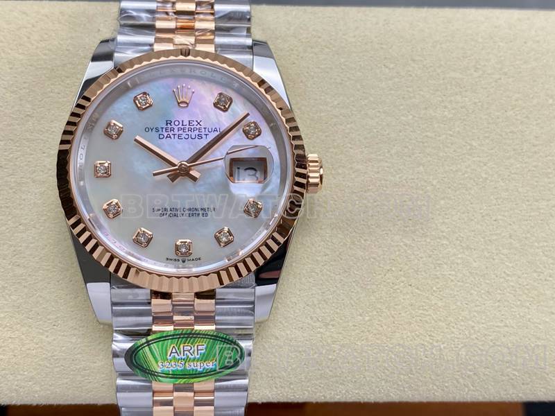 劳力士顶级复刻手表ARF厂日志型贝母盘36mm间玫瑰金钢带款正面实拍图