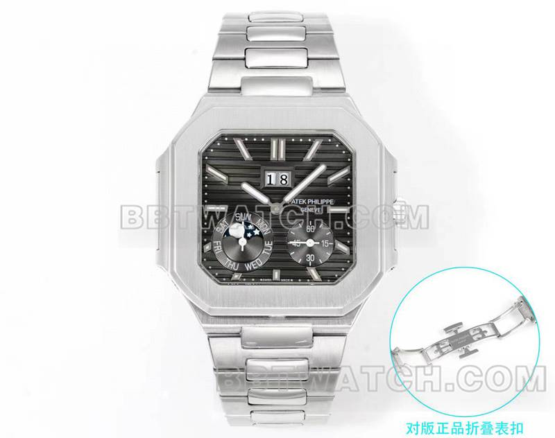 百达翡丽最优复刻手表3k厂45mm黑绿盘240ps机芯钢带款5822正面实拍图