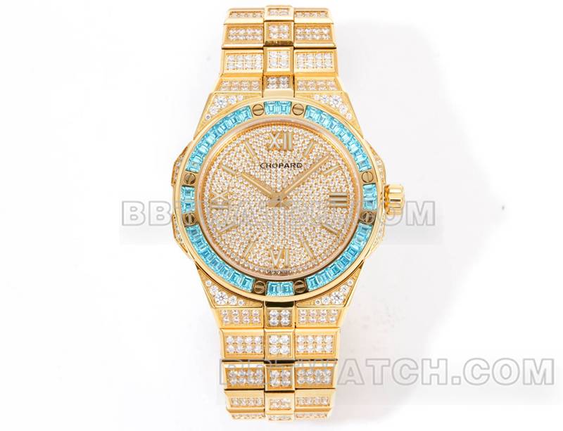 萧邦1:1复刻手表GH厂雪山傲翼41mm密镶钻黄金钢带款正面实拍图