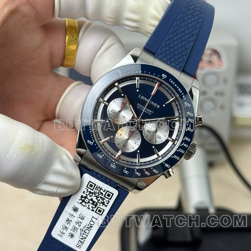 浪琴顶级复刻表AF厂康卡斯蓝盘7750机芯42mm橡胶款正面实拍图