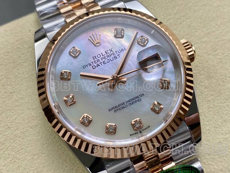 劳力士顶级复刻手表ARF厂日志型贝母盘36mm间玫瑰金钢带款正面实拍图