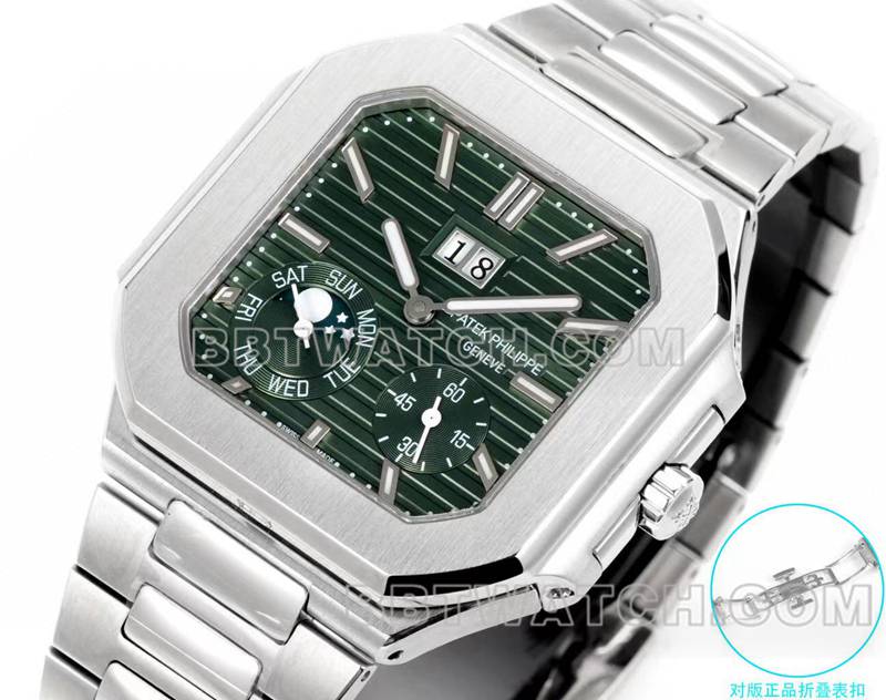 百达翡丽最优复刻手表3k厂45mm黑绿盘240ps机芯钢带款5822正面实拍图