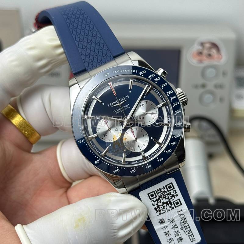 浪琴顶级复刻表AF厂康卡斯蓝盘7750机芯42mm橡胶款正面实拍图