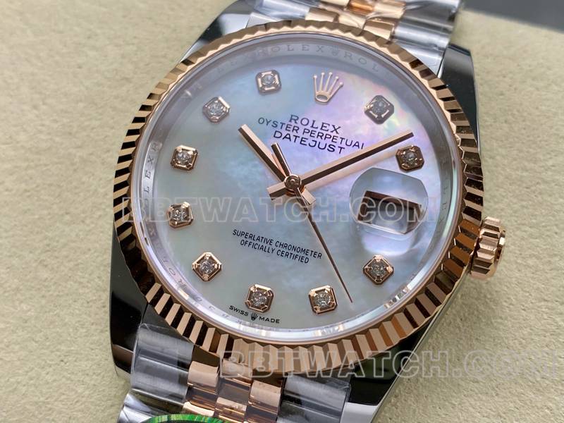 劳力士顶级复刻手表ARF厂日志型贝母盘36mm间玫瑰金钢带款正面实拍图