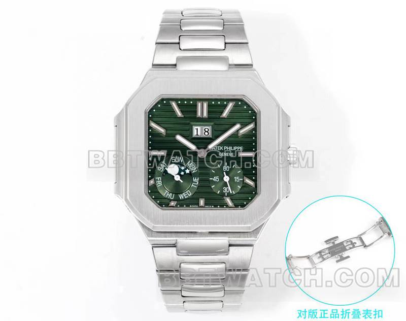 百达翡丽最优复刻手表3k厂45mm黑绿盘240ps机芯钢带款5822正面实拍图
