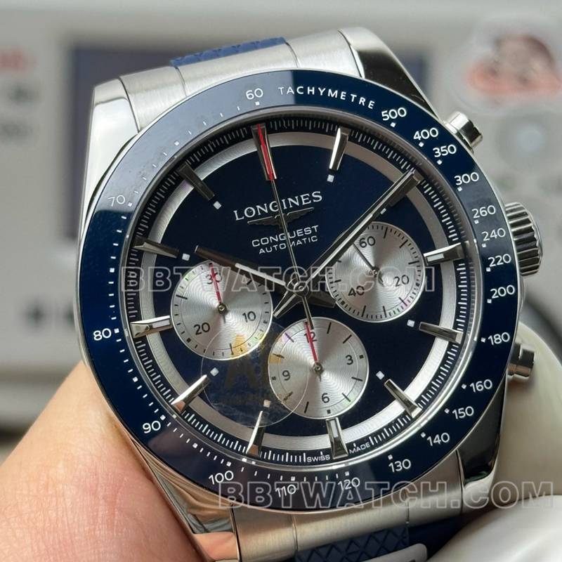 浪琴顶级复刻表AF厂康卡斯蓝盘7750机芯42mm橡胶款正面实拍图