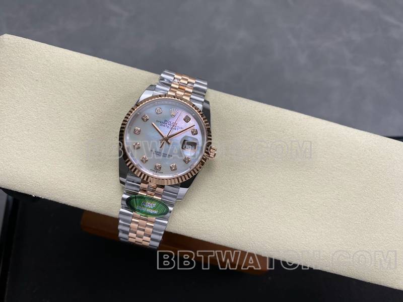 劳力士顶级复刻手表ARF厂日志型贝母盘36mm间玫瑰金钢带款正面实拍图