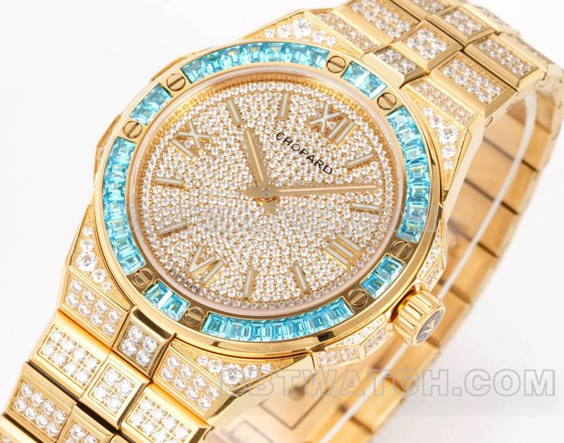 萧邦1:1复刻手表GH厂雪山傲翼41mm密镶钻黄金钢带款正面实拍图