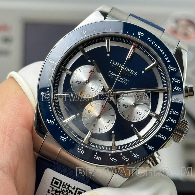 浪琴顶级复刻表AF厂康卡斯蓝盘7750机芯42mm橡胶款正面实拍图