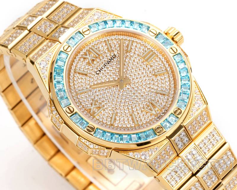 萧邦1:1复刻手表GH厂雪山傲翼41mm密镶钻黄金钢带款正面实拍图