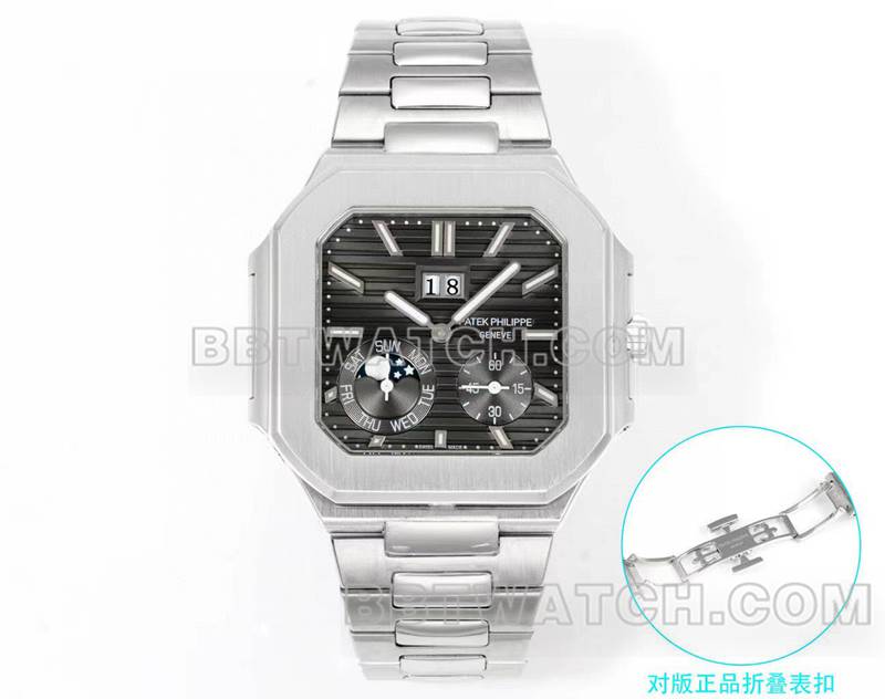 百达翡丽最优复刻手表3k厂45mm黑绿盘240ps机芯钢带款5822正面实拍图