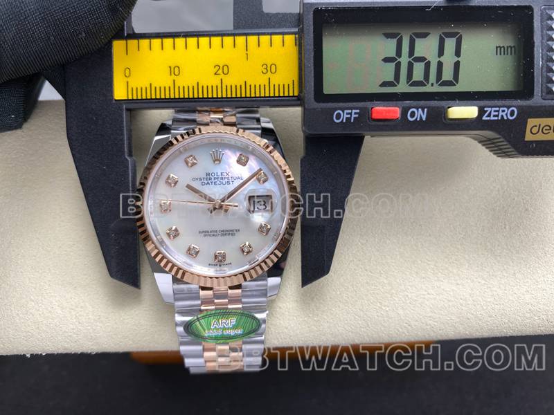 劳力士顶级复刻手表ARF厂日志型贝母盘36mm间玫瑰金钢带款正面实拍图