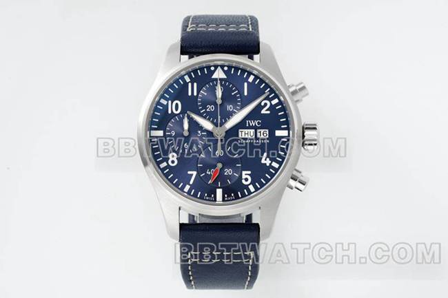 万国最佳复刻手表APS厂飞行员蓝盘计时69385机芯皮带款正面实拍图