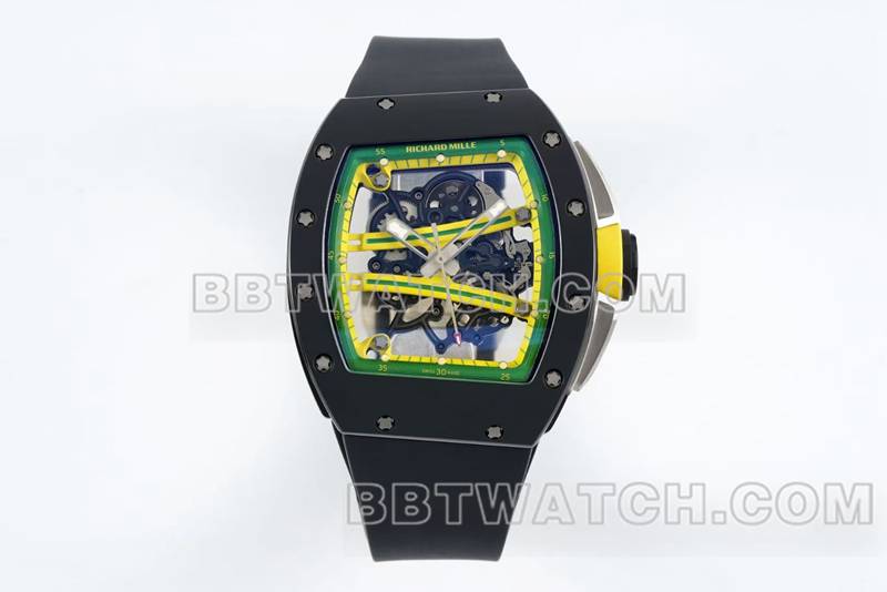 理查德米勒顶级复刻手表R厂镂空盘黑色橡胶款RM061正面实拍图
