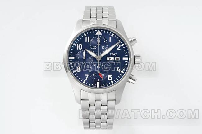 万国顶级复刻手表APS厂飞行员蓝盘计时69385机芯钢带款正面实拍图