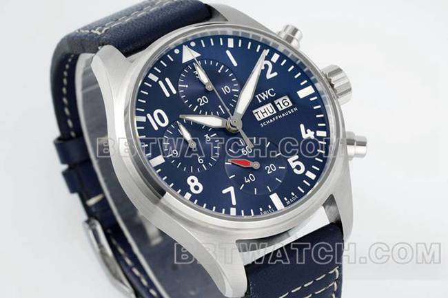 万国最佳复刻手表APS厂飞行员蓝盘计时69385机芯皮带款正面实拍图