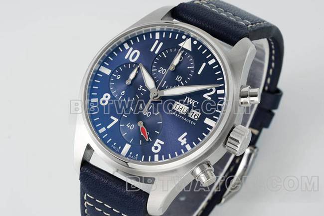 万国最佳复刻手表APS厂飞行员蓝盘计时69385机芯皮带款正面实拍图