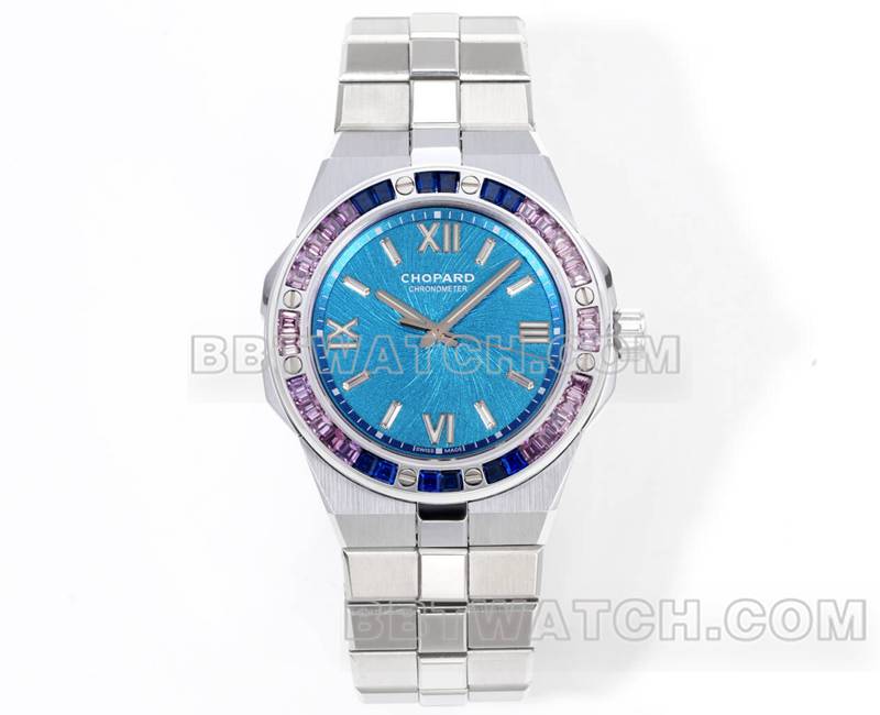 萧邦超级克隆手表GH厂雪山傲翼41mm蓝盘蓝宝石钻圈钢带款正面实拍图