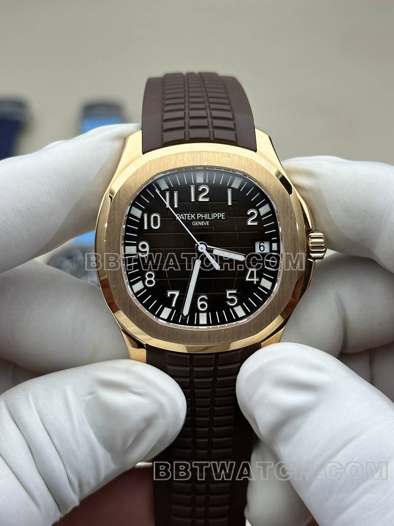 百达翡丽最佳复刻手表BBF厂手雷玫瑰金深棕盘棕色橡胶款5167R正面实拍图
