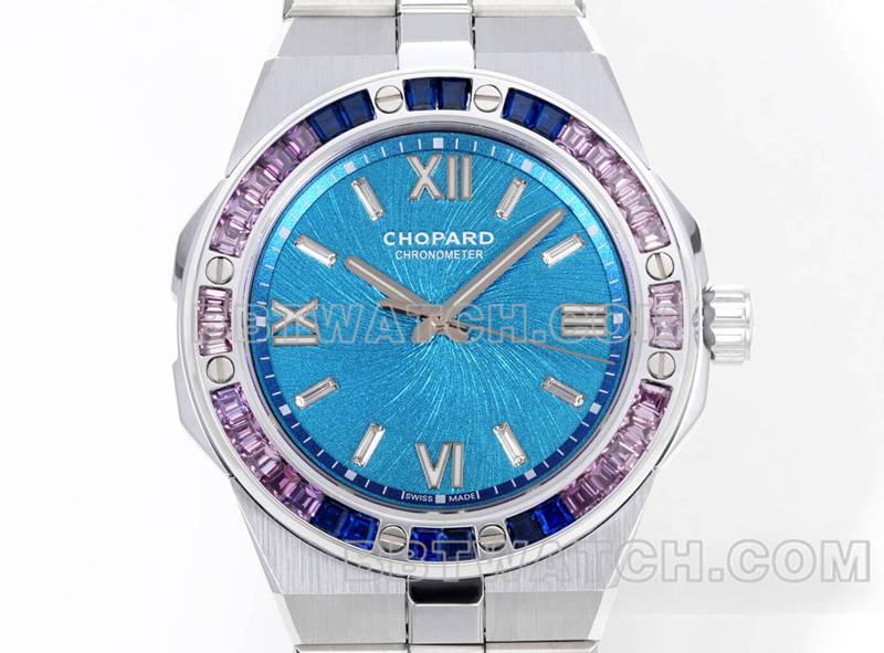 萧邦超级克隆手表GH厂雪山傲翼41mm蓝盘蓝宝石钻圈钢带款正面实拍图